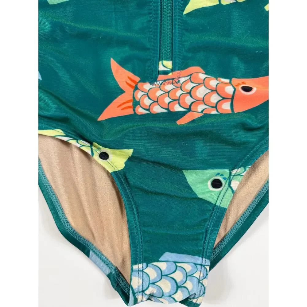 Tea Collection Fish Print Short Sleeve One Piece Swimsuit Teal Girls Size 6
